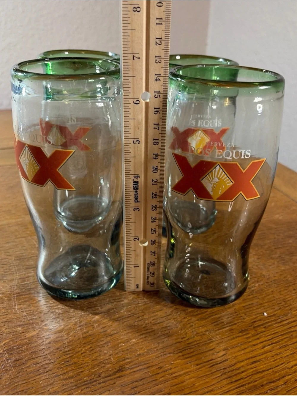 Dos Equis XX Hand Blown Beer Glasses  Heavyweight Thick Bubbles Green Rim Set 4
